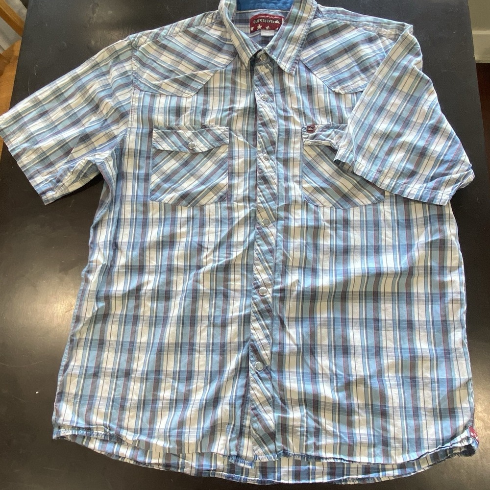 Quiksilver Plaid Snap Shirt Mens Large Blue Western Short Sleeve Pearl Snap Y2k